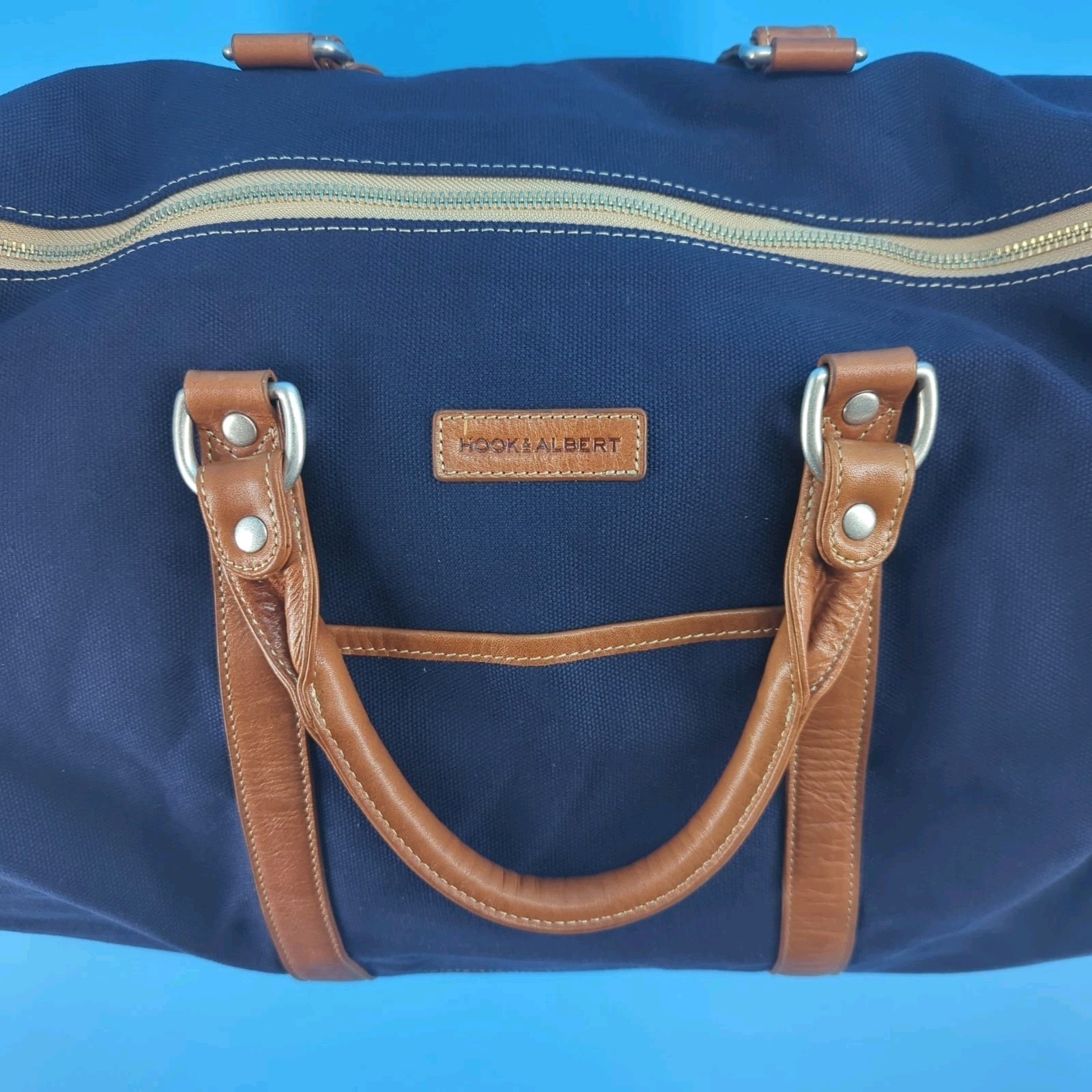 Hook & Albert Navy Blue Canvas Leather Weekender Duffle Travel Bag 21" Luxury — image 6 of 8